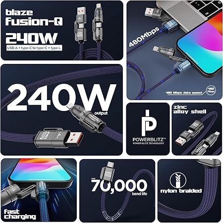 كابل شحن فائق السرعة 4 في 1 بقوة 240 واط/USB-C وUSB-A وLightning